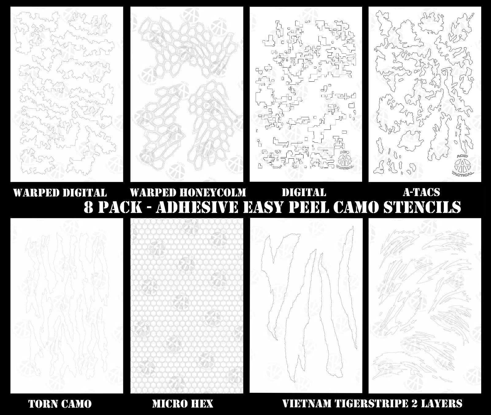 Acid Tactical 8 Design Combo Camouflage Easy Peel Spray Duracoat Camo Gun Painting Stencils